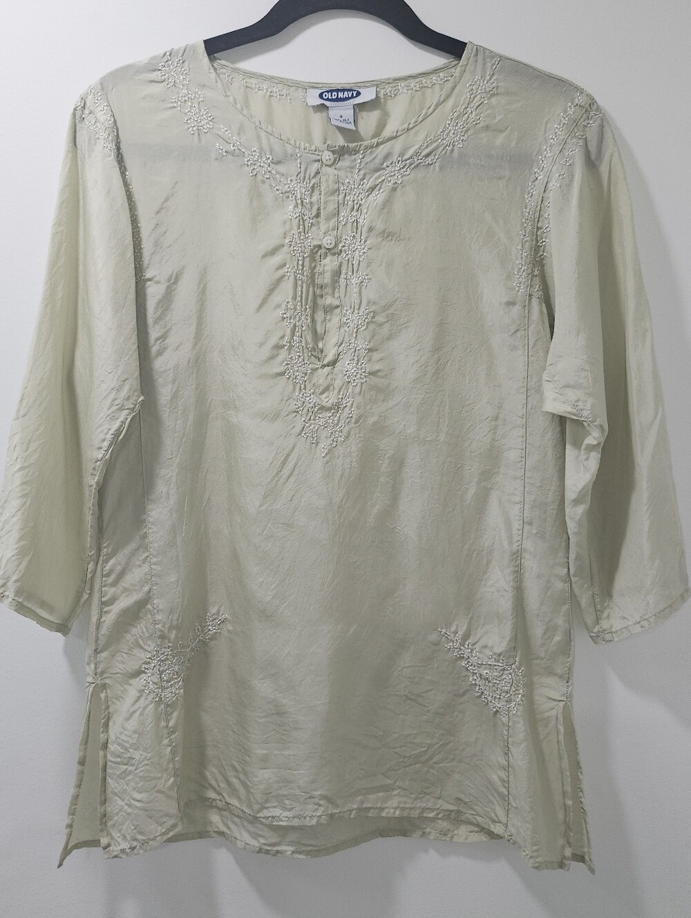 Vintage Y2K Old Navy 100% Silk Embroidered Boho Tunic Top S